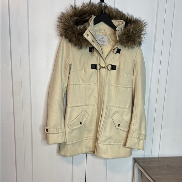 Guess Jackets & Blazers - Guess Cream White Utility Jacket with Faux Fur Trim Hood - Medium